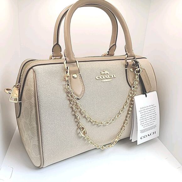 NWT Coach Medium Rowan Satchel In Colorblock Canvas in Gold/Sand With Chains